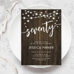 Rustic Wood 70th Birthday Party Invitation<br><div class="desc">70th Birthday Party Invitation. Rustic design with dark brown wood pattern. Classy invite card featuring fairy string lights and script font. Perfect for a stylish seventieth bday celebration. Personalize with your own details. Can be customized for any age! Printed Zazzle invitations or instant download digital printable template.</div>