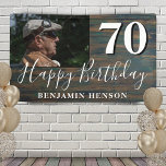Rustic Wood 70th Birthday Party Photo Banner<br><div class="desc">Rustic Wood 70th Birthday Party Photo Banner. Great sign for the 70th birthday party with a custom photo and text in trendy white script with a name. The background is dark wood texture. Personalize the sign with your photo,  your name and the age number.</div>
