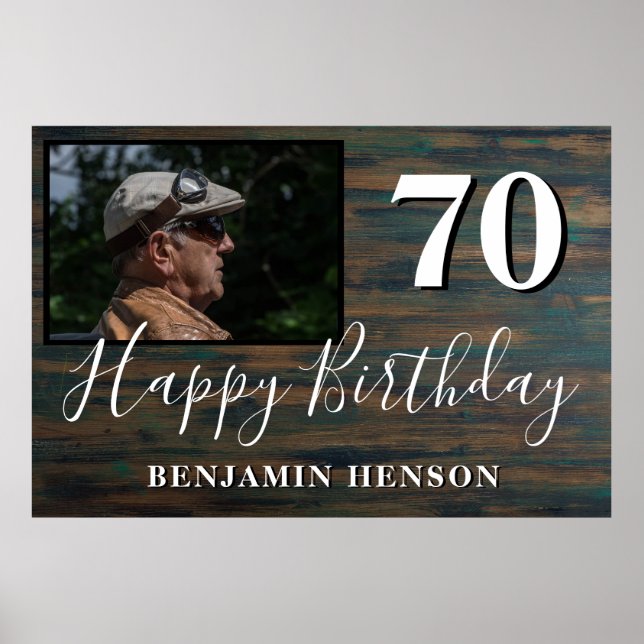 Rustic Wood 70th Birthday Party Photo Poster (Front)