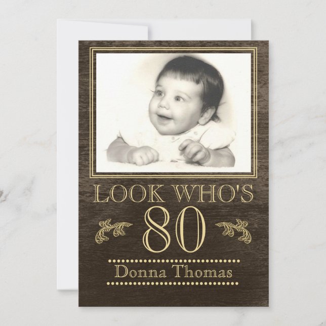 Rustic Wood 80th Birthday Photo Invitation (Front)