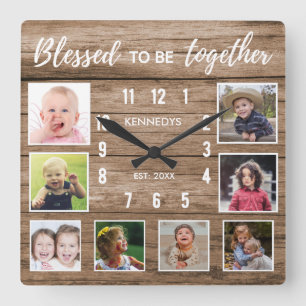 Rustic Wood 8 Photo Collage Blessed Family Quote Square Wall Clock