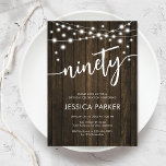 Rustic Wood 90th Birthday Party Invitation<br><div class="desc">90th Birthday Party Invitation. Rustic design with dark brown wood pattern. Classy invite card featuring fairy string lights and script font. Perfect for a stylish ninetieth bday celebration. Personalize with your own details. Can be customized for any age! Printed Zazzle invitations or instant download digital printable template.</div>