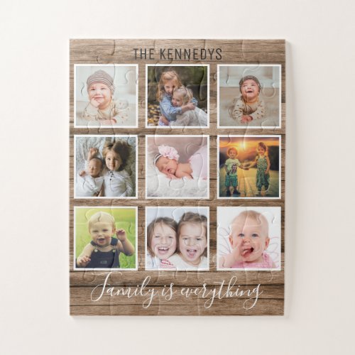 Rustic Wood  9 Photo Collage Family Jigsaw Puzzle