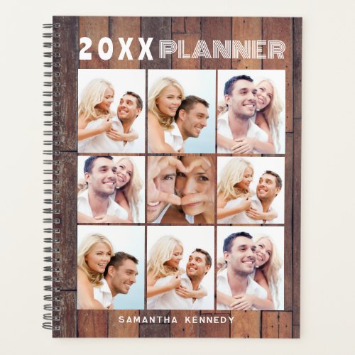 Rustic Wood 9 Photo Collage Name 2023 Personalized Planner