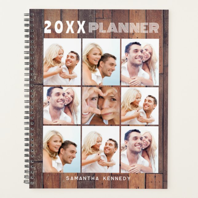 Rustic Wood 9 Photo Collage Name 2024 Personalized Planner (Front)