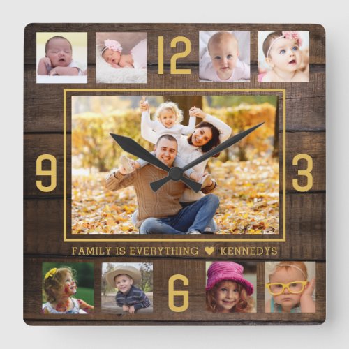 Rustic Wood 9 Photo Collage Quote Gold Numbers Square Wall Clock
