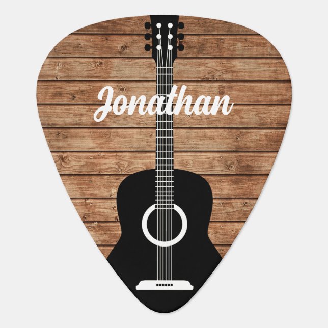 Rustic Wood Acoustic Guitar Silhouette Name Guitar Pick (Front)
