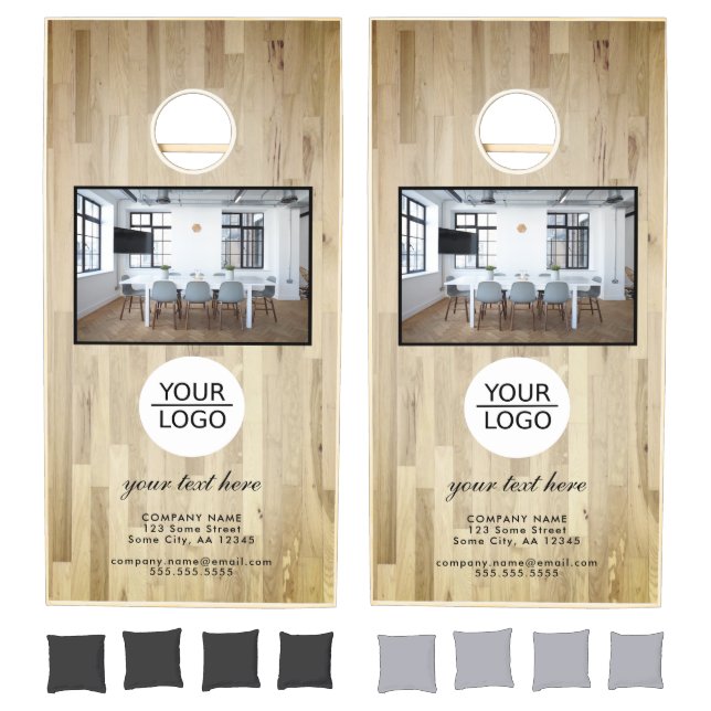 Rustic Wood Add Logo Custom Text Promotion Photo Cornhole Set (Set)