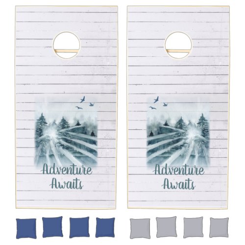 Rustic Wood Adventure Awaits Watercolor  Cornhole Set