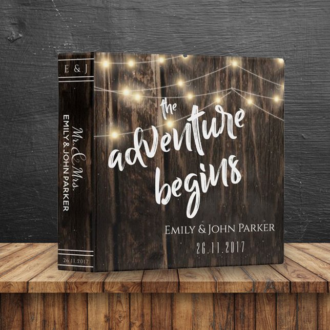 Rustic Wood "Adventure Begins" Keepsake Wedding 3 Ring Binder (Creator Uploaded)