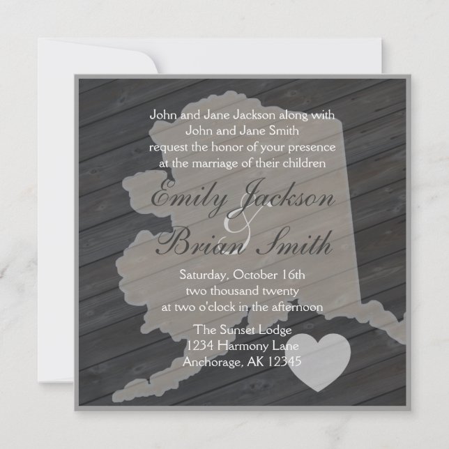 Rustic wood Alaska gray wedding invitations (Front)