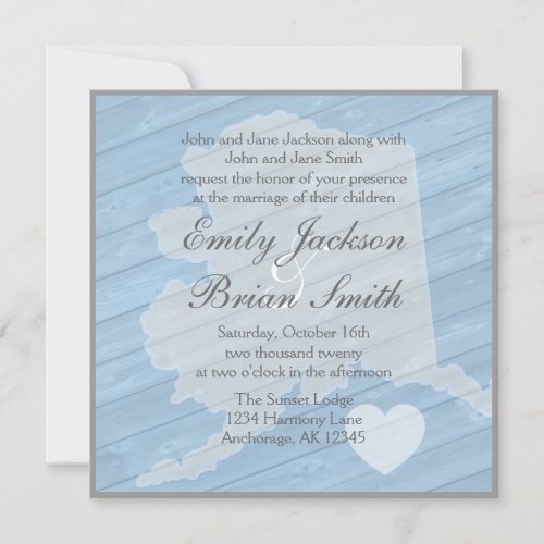Rustic wood Alaska state blue wedding invitations