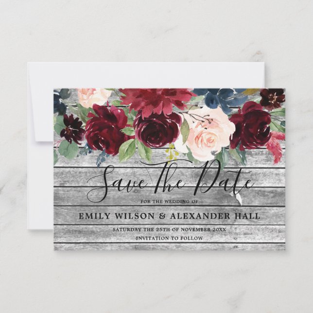 Rustic Wood All Seasons Burgundy Floral Wedding Save The Date (Front)