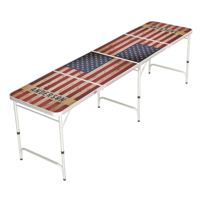 Rustic Wood American Flag Patriotic Personalized Beer Pong Table (Angled)