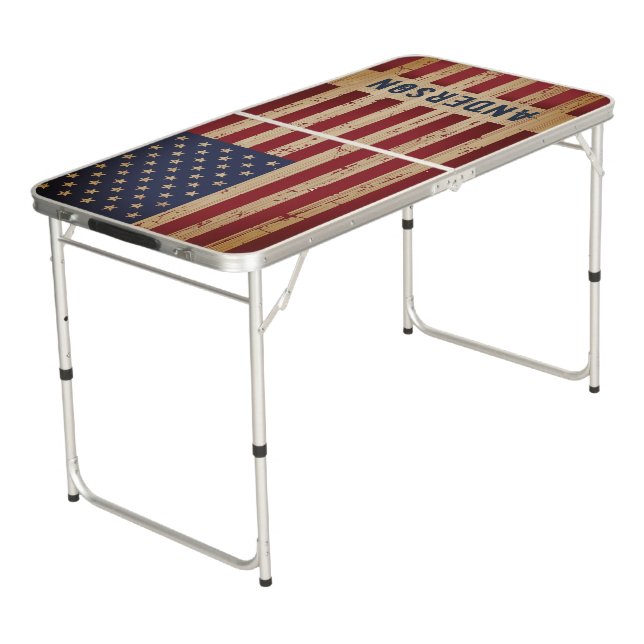 Rustic Wood American Flag USA Beer Pong Table (Angled)