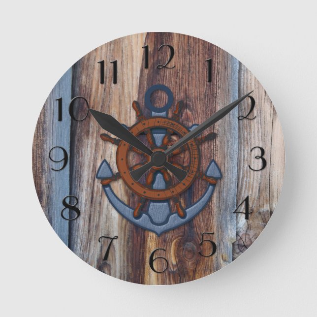 Rustic Wood Anchor Nautical Wall Clock (Front)