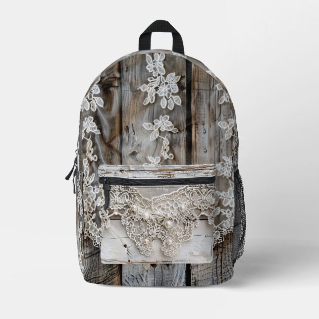 Rustic Wood and Antique Lace Printed Backpack (Front)