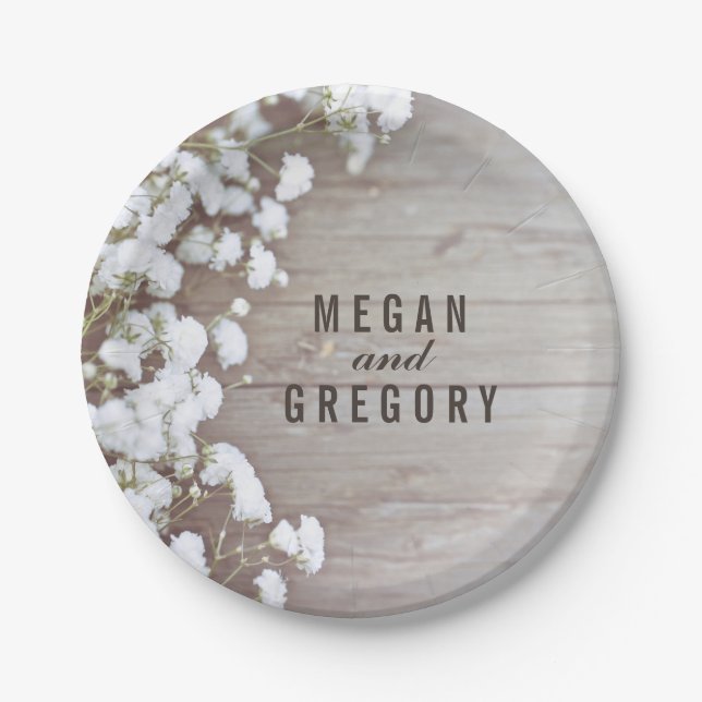 Rustic Wood and Baby's Breath Wedding Paper Plates (Front)
