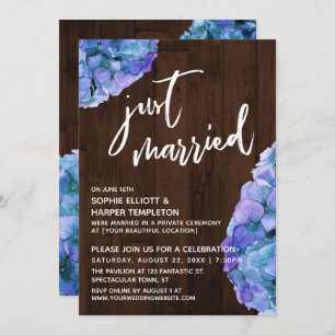 Rustic Wood and Blue Hydrangea Just Married Invitation