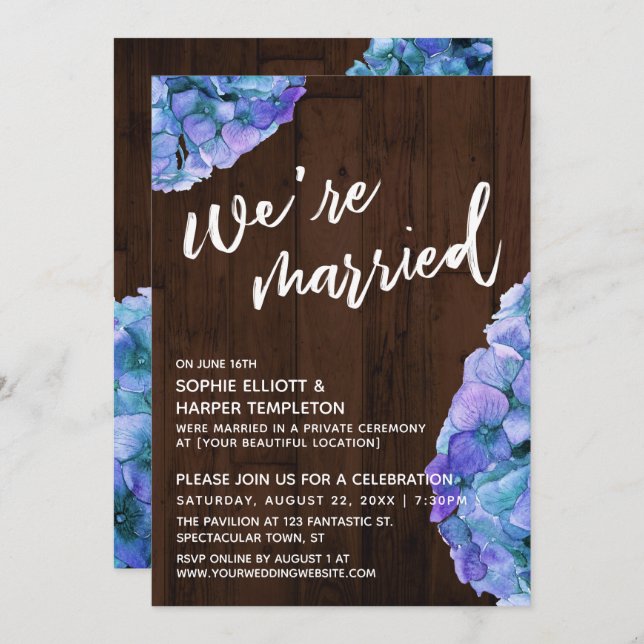 Rustic Wood and Blue Hydrangea We're Married Invitation (Front/Back)