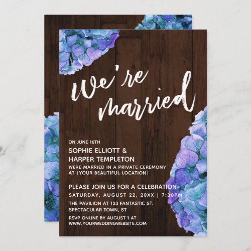 Rustic Wood and Blue Hydrangea Were Married Invitation
