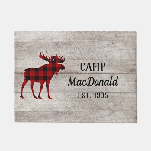 Rustic Wood And Buffalo Plaid Moose Family Camp Doormat