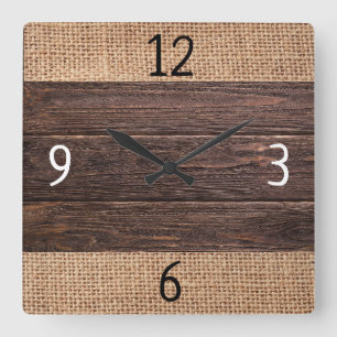 Rustic Wood And Burlap Farmhouse Square Wall Clock