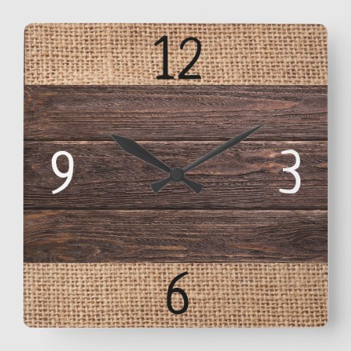 Rustic Wood And Burlap Farmhouse Square Wall Clock