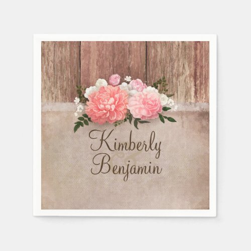 Rustic Wood and Burlap Floral Barn Wedding Napkins - Wood, burlap and pink flowers bouquet rustic country napkins