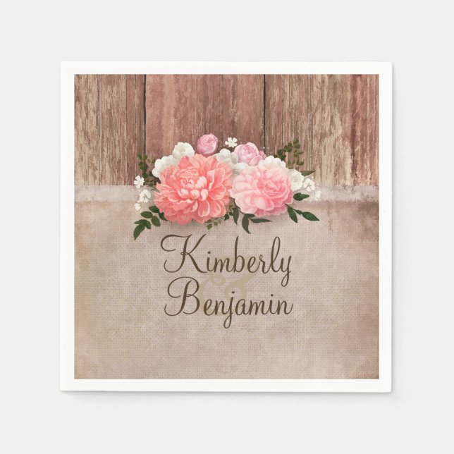 Rustic Wood and Burlap Floral Barn Wedding Napkins (Front)