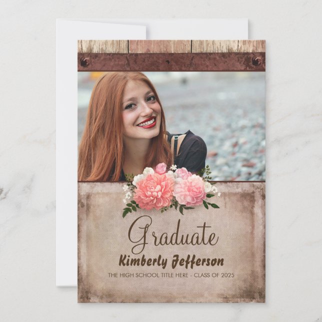 Rustic Wood and Burlap Floral Photo Graduation Invitation (Front)