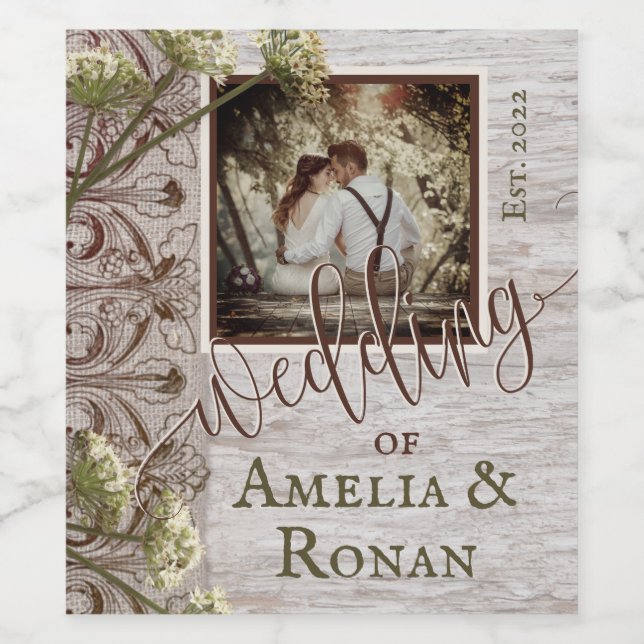 Rustic Wood and Burlap Wedding Wine Label (Single Label)