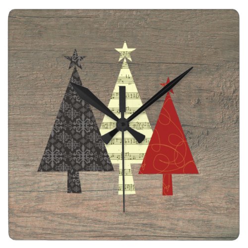 Rustic Wood and Colorful Pop Art Christmas Tree Square Wall Clock