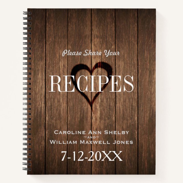 Rustic Wood and Engraved Heart Recipes Notebook (Front)