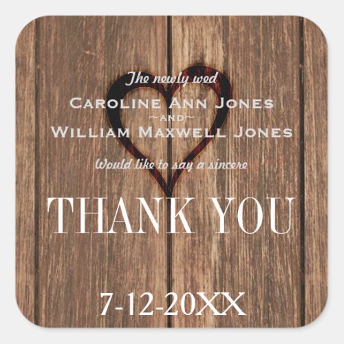 Rustic Wood and Engraved Heart Thank You Sticker