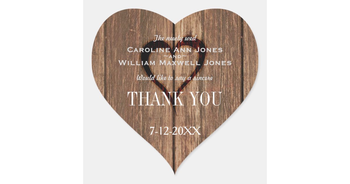 Rustic Wood and Engraved Heart Thank You Sticker | Zazzle