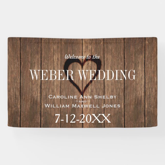 Rustic Wood and Engraved Heart Wedding Banner (Horizontal)