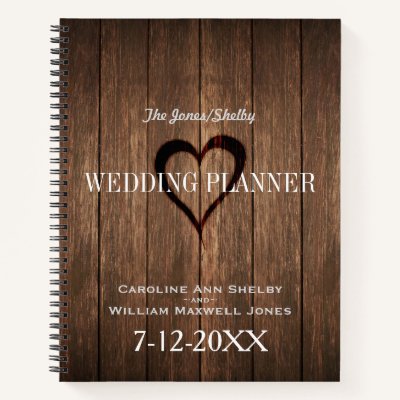 Rustic Wood and Engraved Heart Wedding Planner Notebook