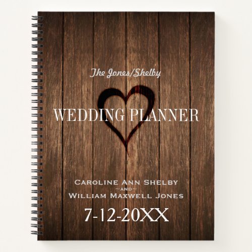 Rustic Wood and Engraved Heart Wedding Planner Notebook