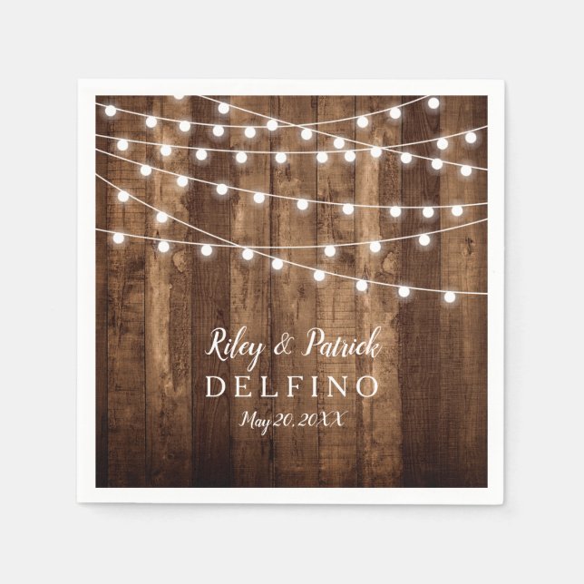 Rustic Wood and Fairy Lights Wedding Cocktail Napkins (Front)