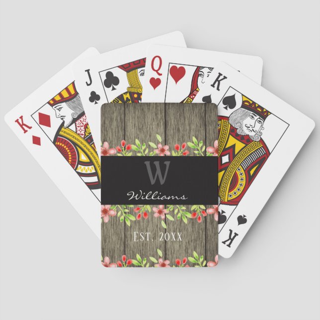 Rustic Wood and Floral Family Name Monogramed Poker Cards (Back)