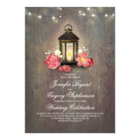 Rustic Wood and Floral Lantern Lights Barn Wedding Card