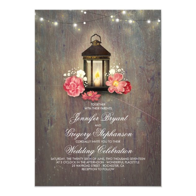 Rustic Wood And Floral Lantern Lights Barn Wedding Invitation