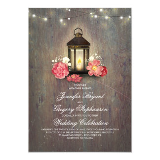 Rustic Wood and Floral Lantern Lights Fall Wedding Card