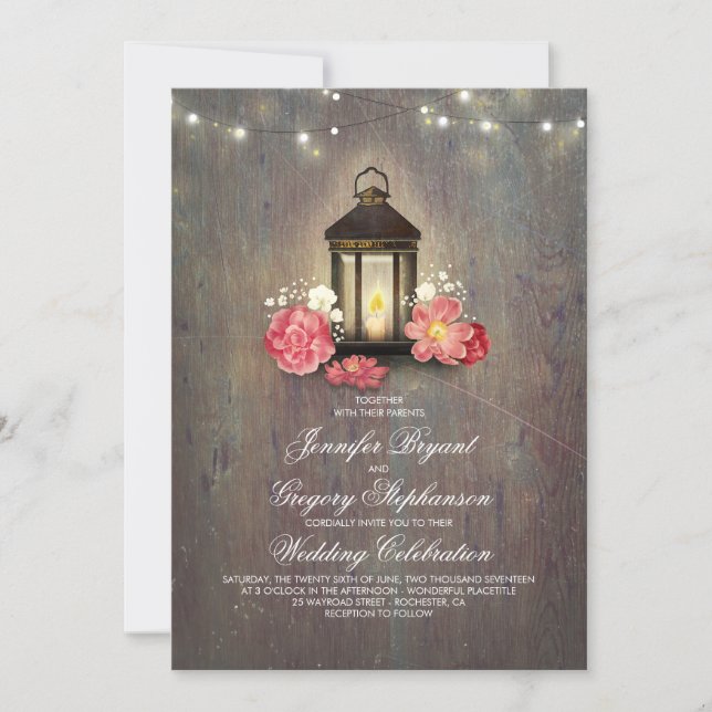 Rustic Wood and Floral Lantern Lights Fall Wedding Invitation (Front)