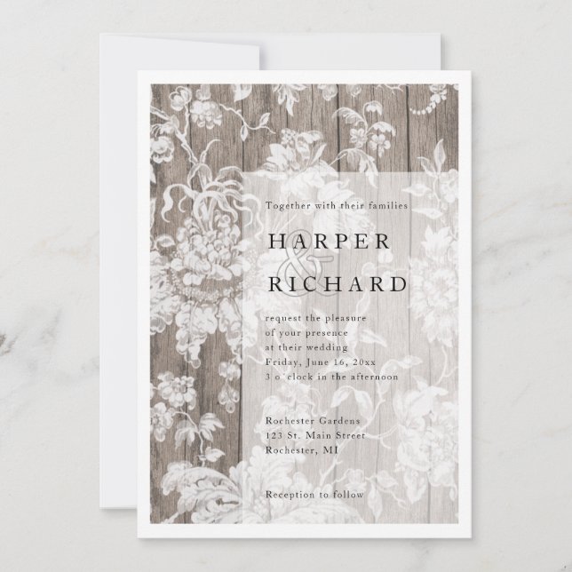 Rustic wood and floral modern wedding invitation (Front)