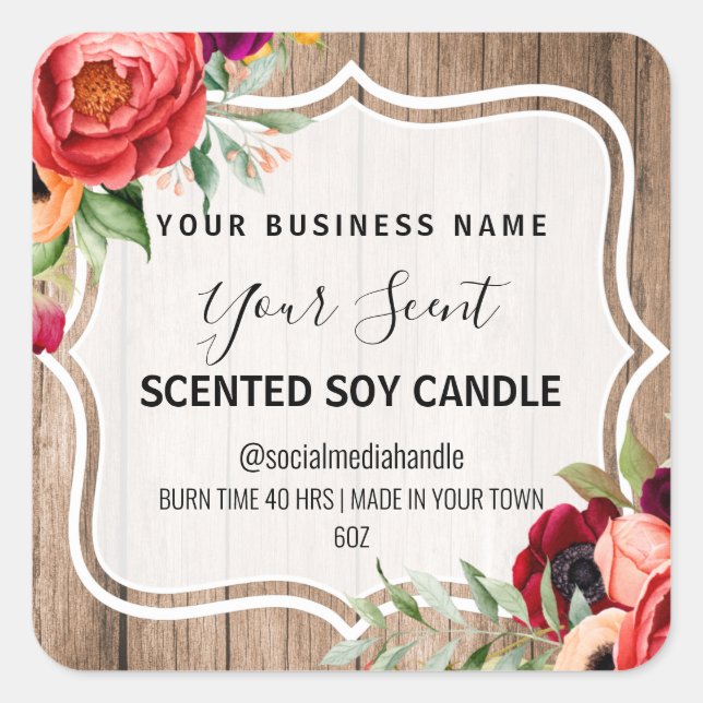 Rustic Wood And Floral Scented Soy Candle Labels (Front)