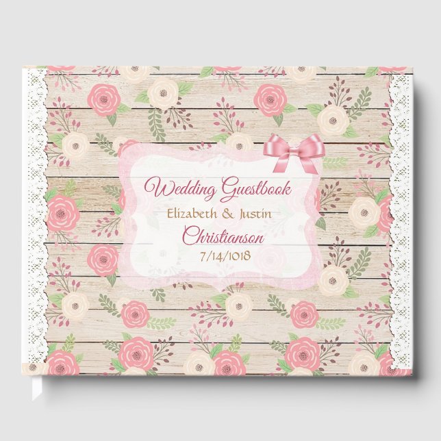 Rustic Wood and Flowers Pink and Tan Wedding Book (Front)