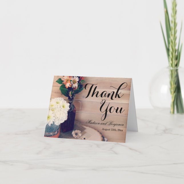 Rustic Wood and Flowers Wedding Thank You Card (Front)