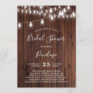 Rustic Wood And Garland Lights Bridal Shower Invitation